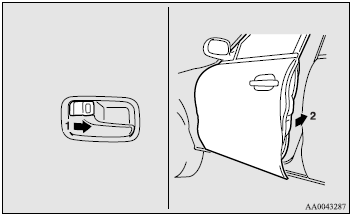 Set the inside lock knob (1) to the locked position and close the door (2).