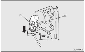 6. While holding down the tab (F), pull out the socket (G).