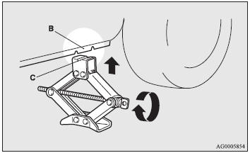 3. Rotate the jack by hand until the flange portion (B) fits in the groove (C)