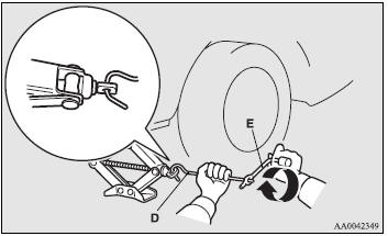 4. Insert the jack bar (D) into the wheel nut wrench (E).