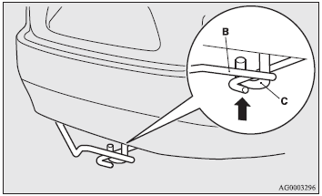 4. Lift up the tyre hanger (B) at the section indicated by the arrow in the diagram,