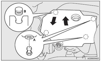 5. Lift up the front of the engine cover to release the 3 grommets (A). Then,