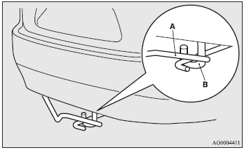 2. Lift up the tyre hanger (A) and hang it on the hook (B).