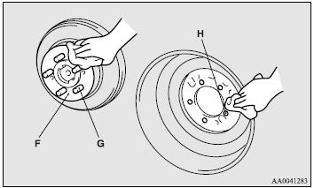 6. Clean out any mud, etc. on the hub surface (F), hub bolts (G) or in the installation