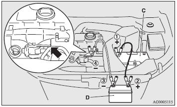 6. Connect one end of one jumper cable to the positive (+) terminal of the discharged