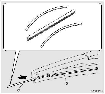 4. Firmly insert the retainer (C) into the groove (D) in the wiper blade.