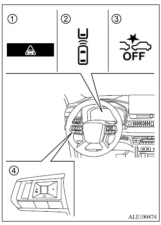 Mitsubishi Outlander FCM emergency warning indicator, vehicle detection display and steering wheel controls