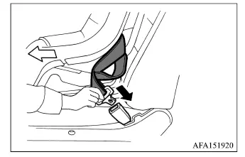 Mitsubishi Outlander seat belt routed through a forward-facing child restraint and latched into the buckle