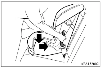 Mitsubishi Outlander forward-facing child restraint pressed into the seat while the seat belt is tightened