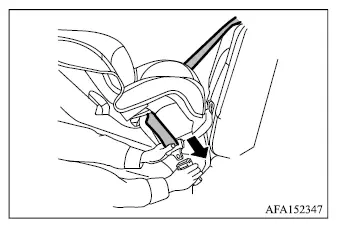 Mitsubishi Outlander seat belt routed through a rear-facing child restraint and fastened into the buckle