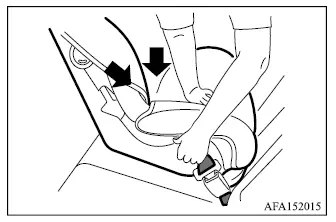 Mitsubishi Outlander rear-facing child restraint pressed into the seat while the belt is tightened