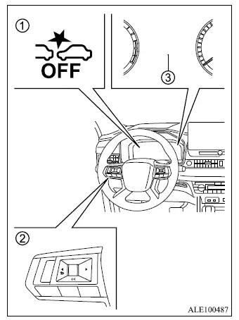 Mitsubishi Outlander PFCW settings with FCM OFF warning light, steering wheel controls and multi-information display