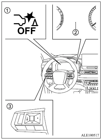 Mitsubishi Outlander Rear AEB settings with OFF warning light, multi-information display and steering wheel controls