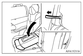 Mitsubishi Outlander second row center armrest release strap and lowered position