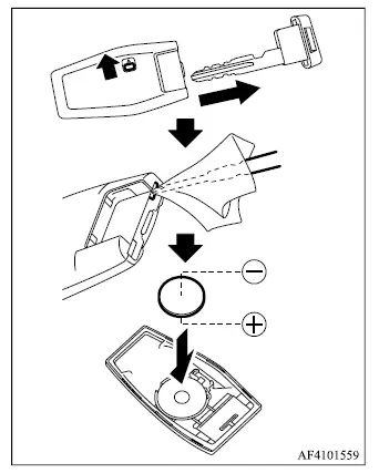 Mitsubishi Outlander transmitter battery replacement and key fob disassembly procedure